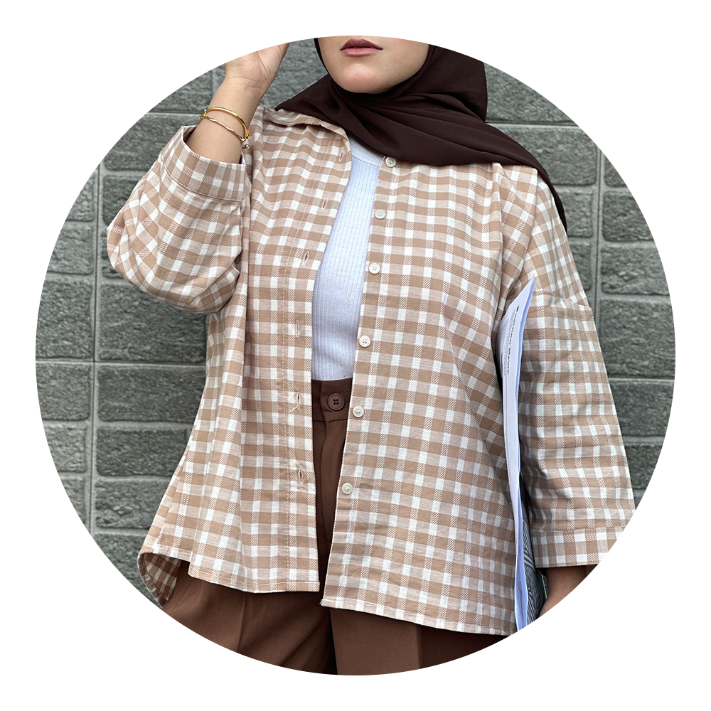 Brown check drop shoulder modest shirt from VOG SIX Modest Shirts collection