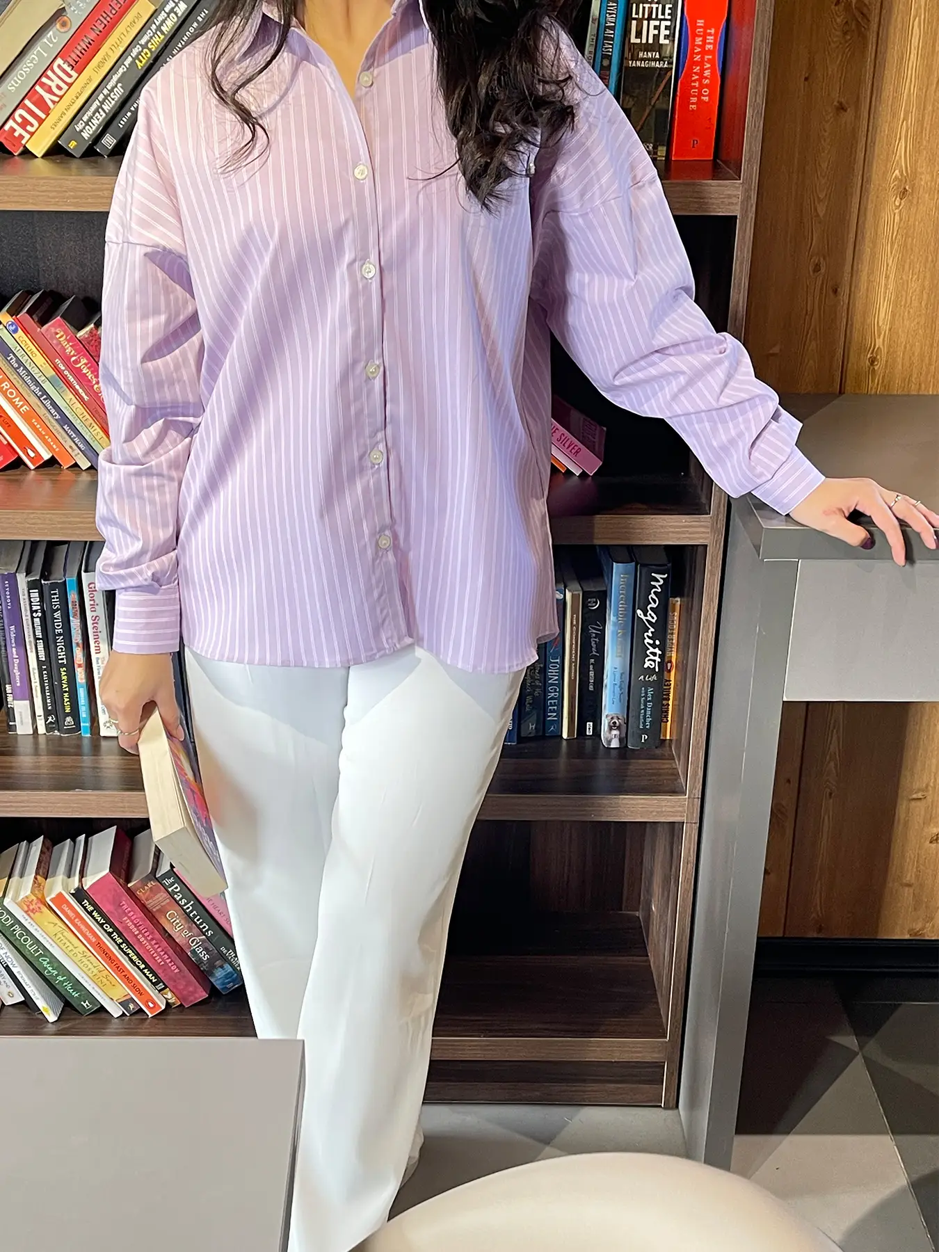 Model wearing lilac pinstripe oversized button-down shirt front full view modest womenwear