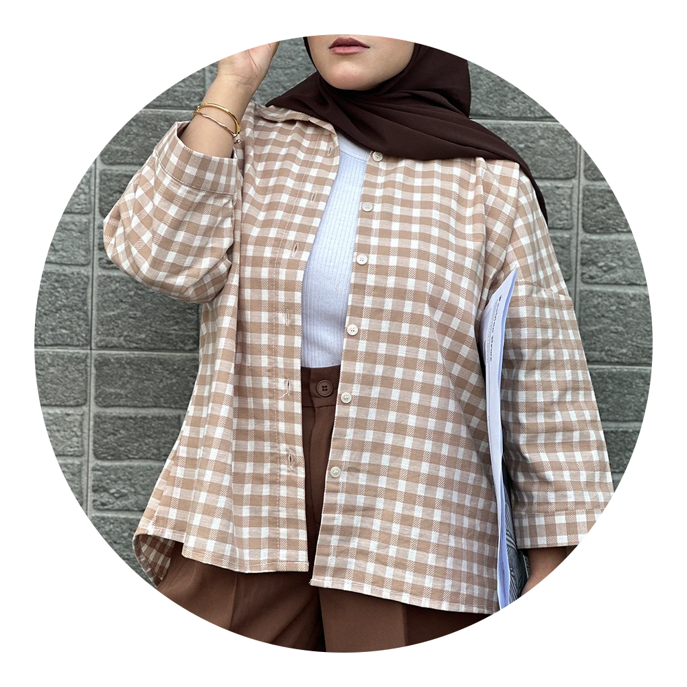 Brown check drop shoulder modest shirt from VOG SIX Modest Shirts collection