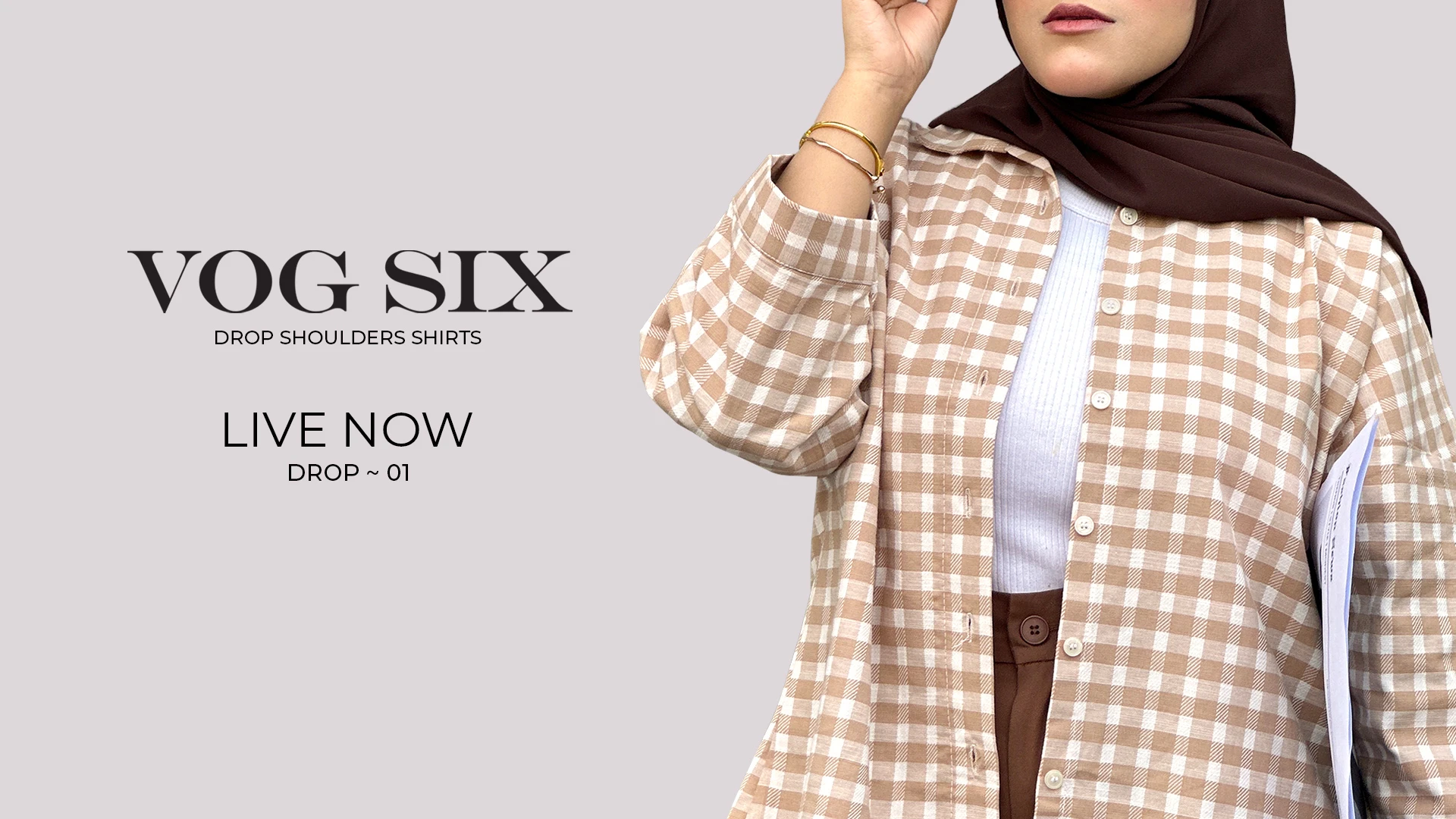 VOGSIX Drop-01 beige check oversized drop shoulder shirt for women modest summer wear